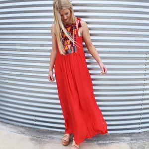 Red embroidered tassel maxi dress. Gauzy material